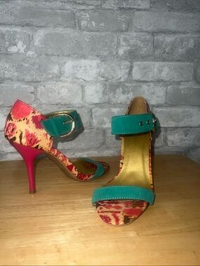Shoe republic la Colorblock Floral Ankle-Strap High Heels in Teal and Pink